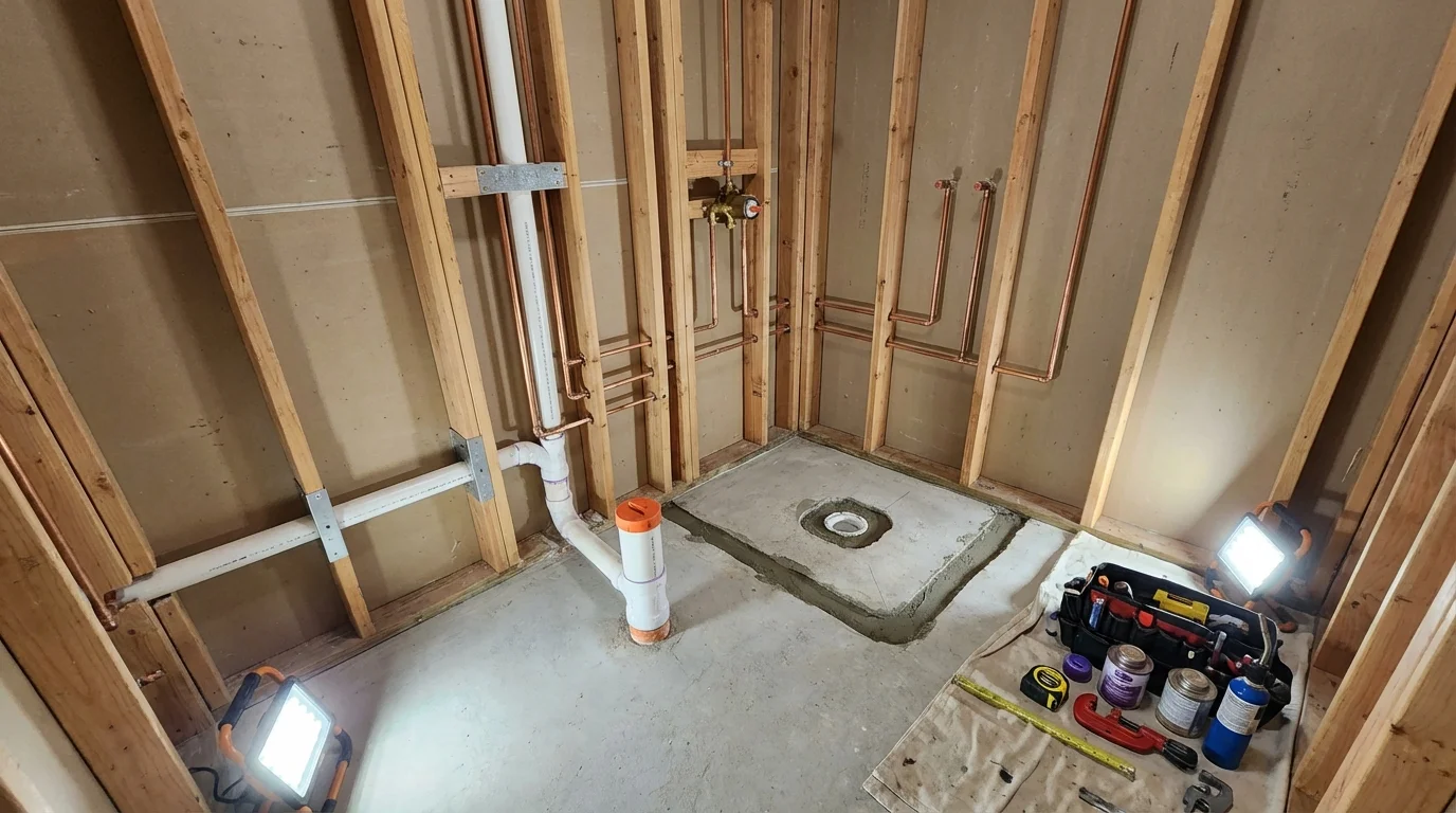 Bathroom rough-in plumbing during remodel by Johns Plumbing LLC in Leverett