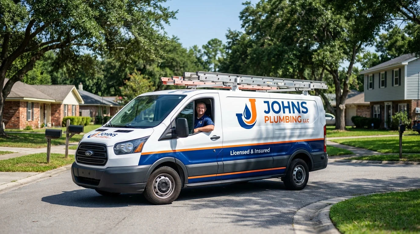 Johns Plumbing LLC service van in Leverett, MA