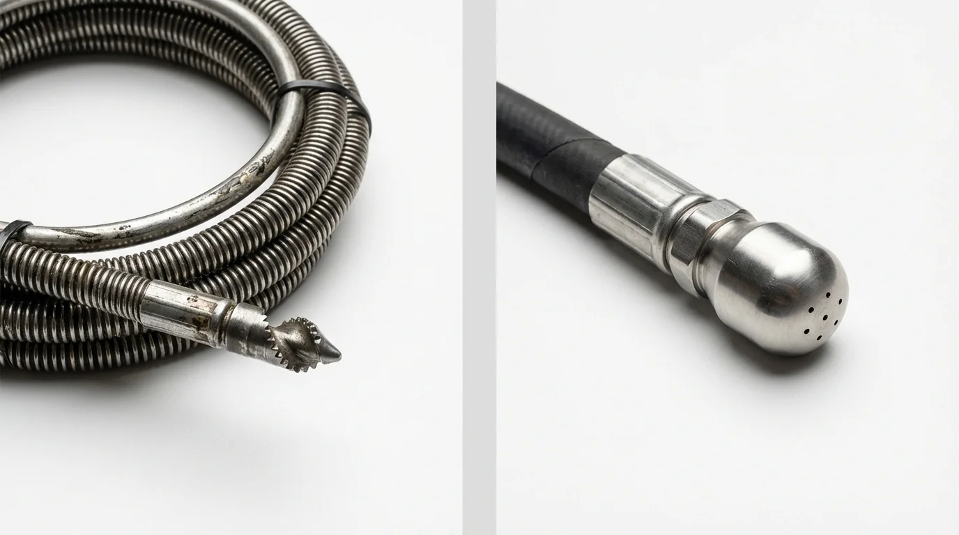 Drain snake cable and hydro jetting nozzle used for drain cleaning in Leverett, MA