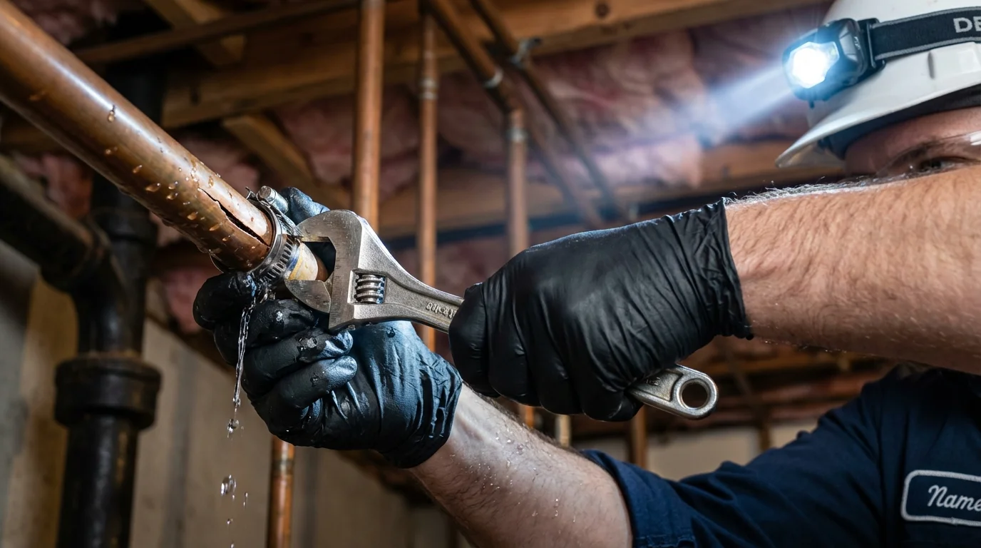 Emergency pipe clamp repair being performed by a Johns Plumbing LLC plumber in Leverett