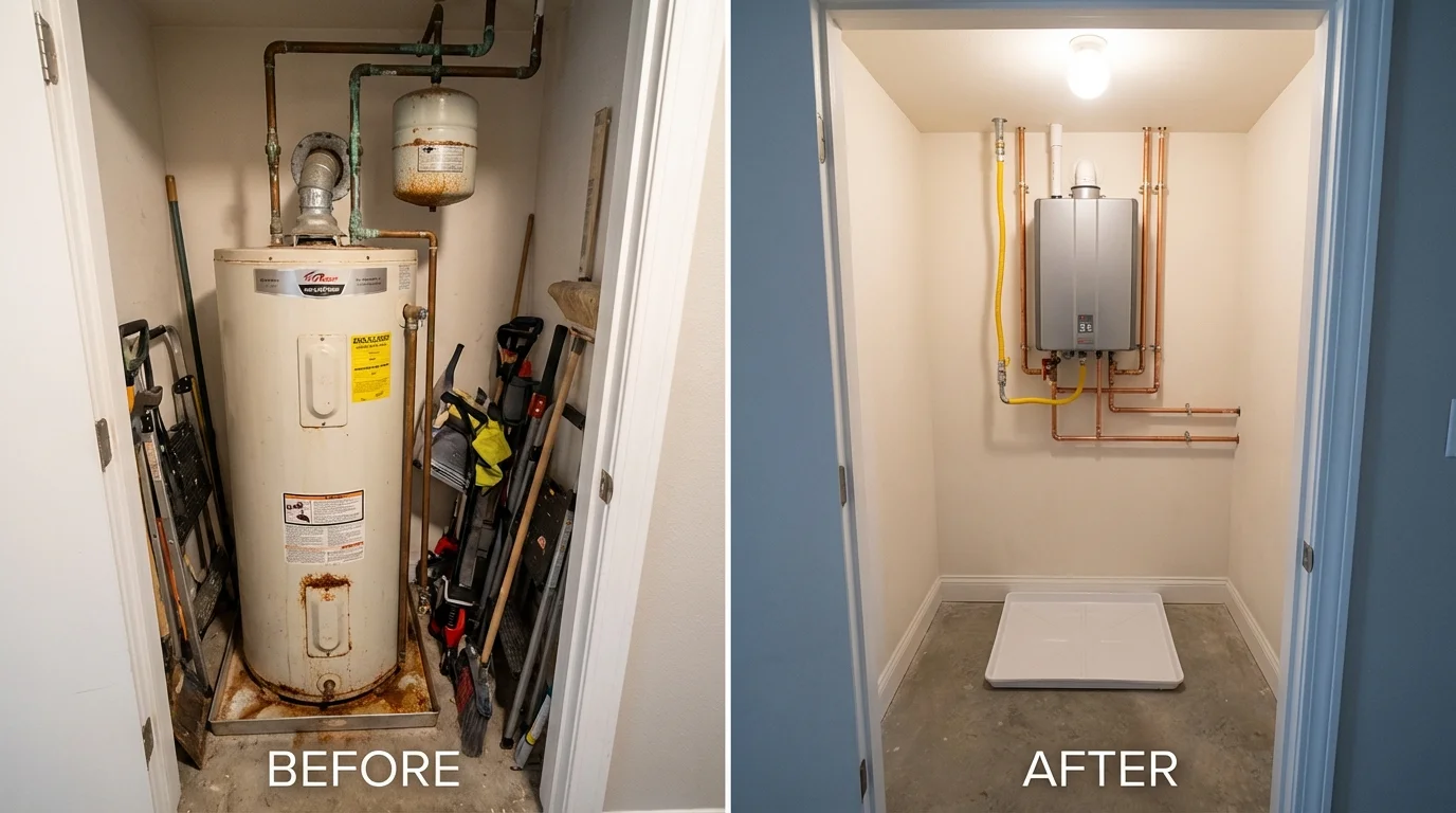 Tank water heater versus wall-mounted tankless unit comparison for Leverett, MA homeowners