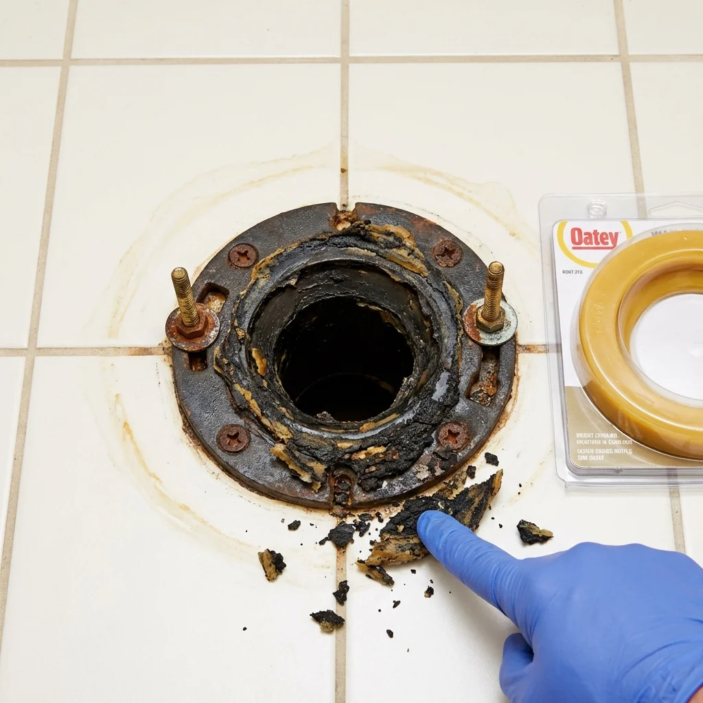 Failed wax ring showing water seepage at the base of a toilet in a Leverett, MA home