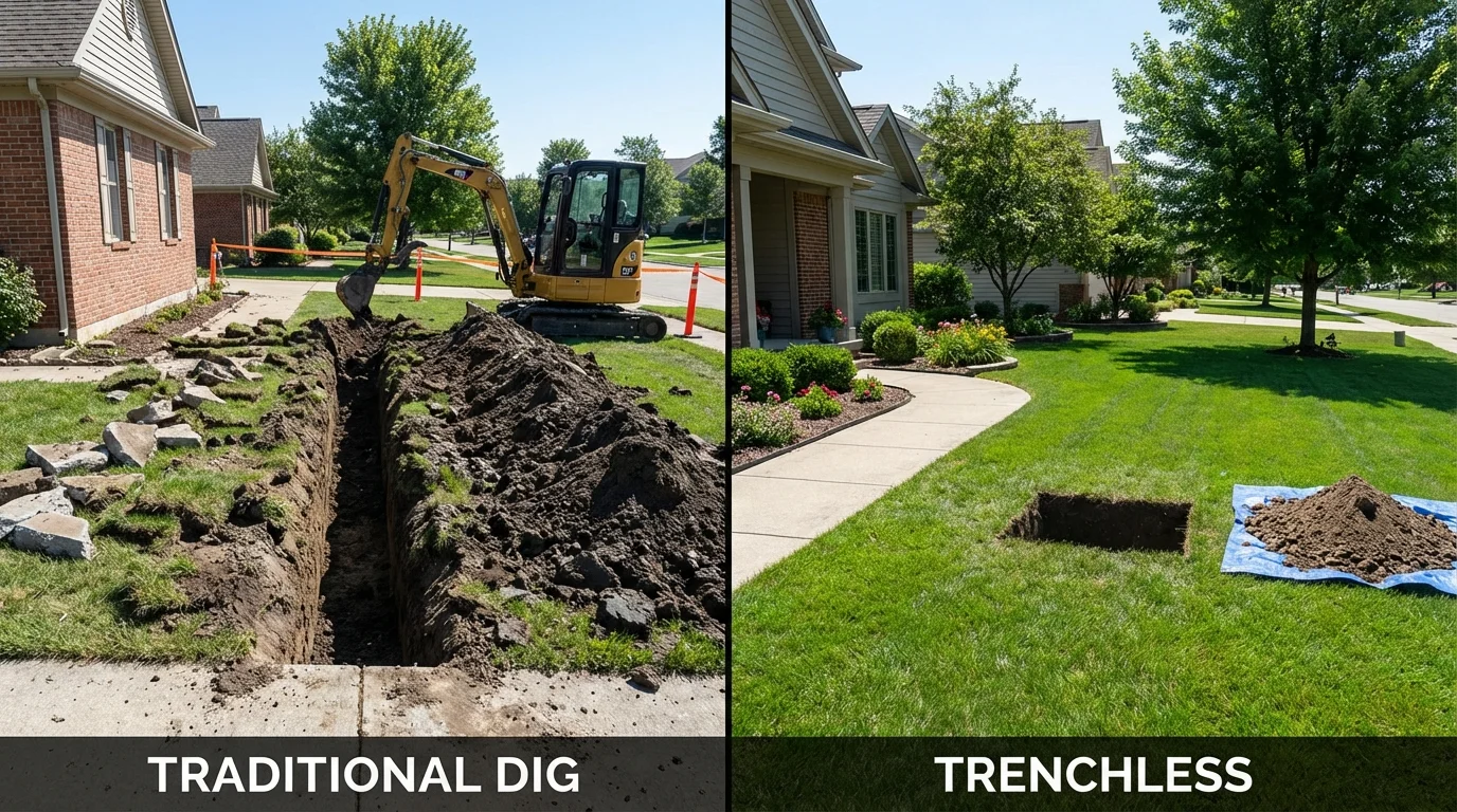 Trenchless sewer repair with minimal yard damage versus traditional excavation in Leverett, MA