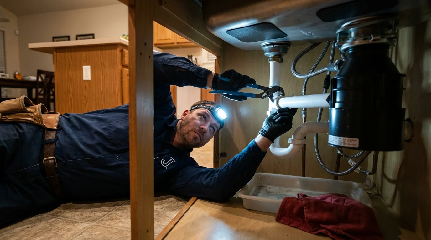 P-trap and supply line connections under a kitchen sink showing a common leak point in Leverett, MA